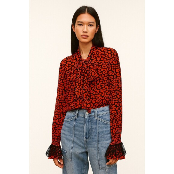 ROCOCO SAND/Tuckernuck Red Print Long Sleeve Tie Neck Lace Detail Blouse XS - Picture 1 of 9